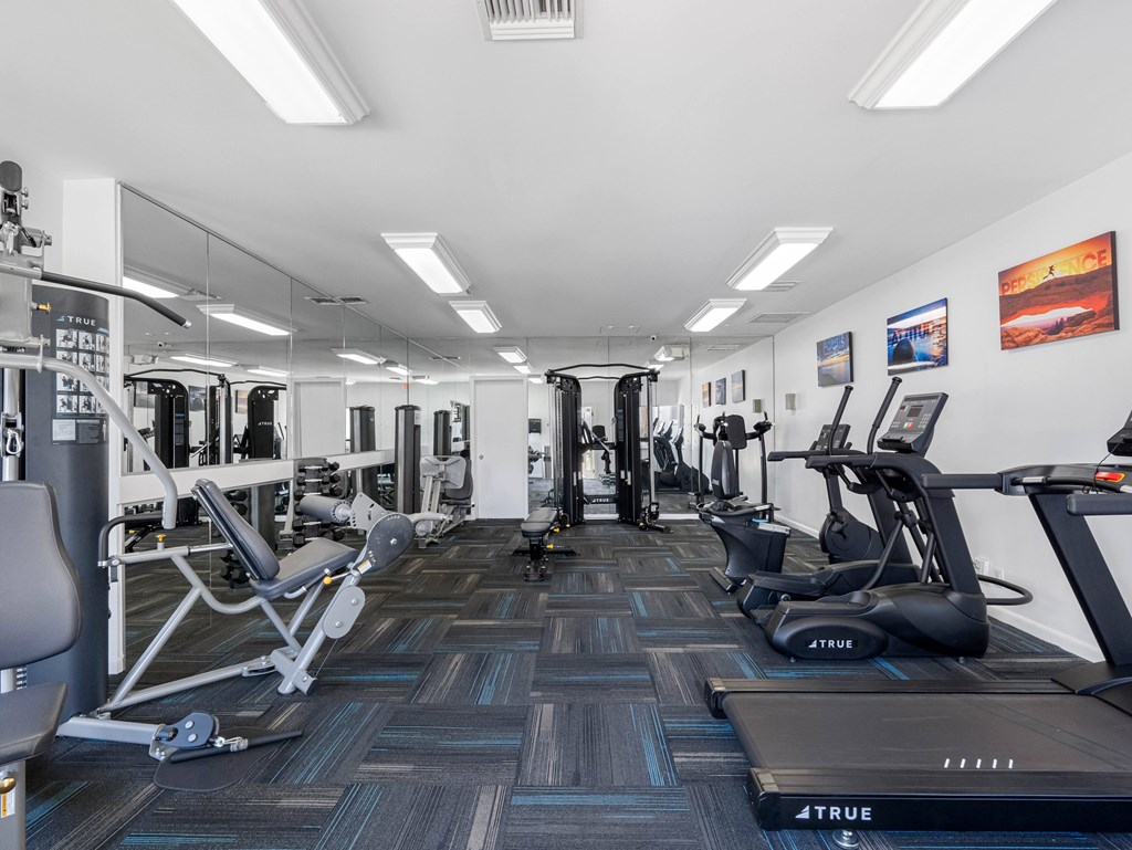 A gym with a variety of equipment including treadmills, weights, and exercise machines.